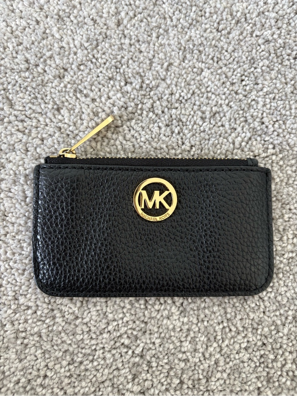 Michael Kors Black Pebbled Leather Zip Card Holder with Gold MK Emblem